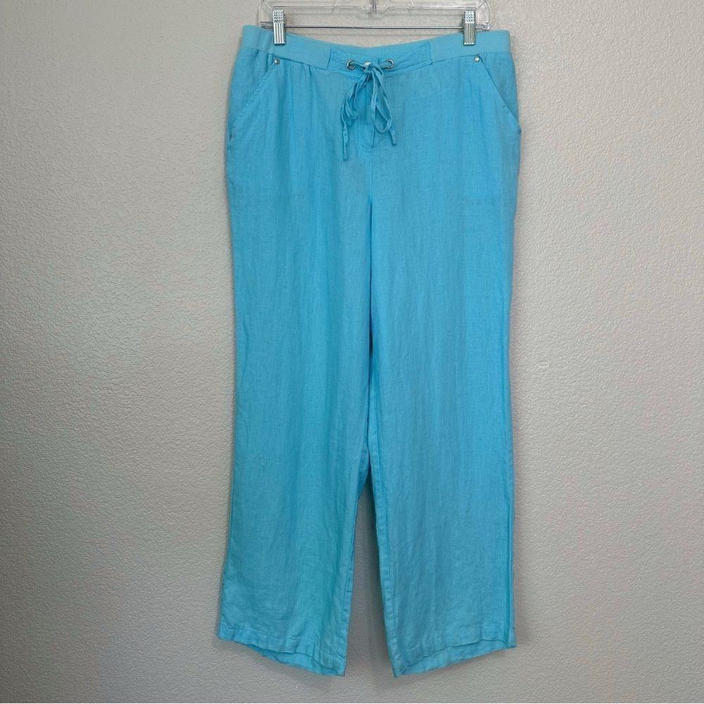 Jm Collection 100% Linen Blue Drawsting Pull On Pants